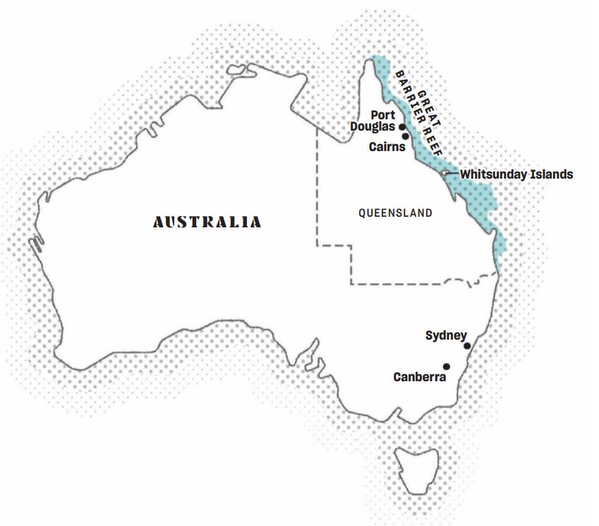 Vị trí của rặng san hô Great Barrier trên bản đồ Úc